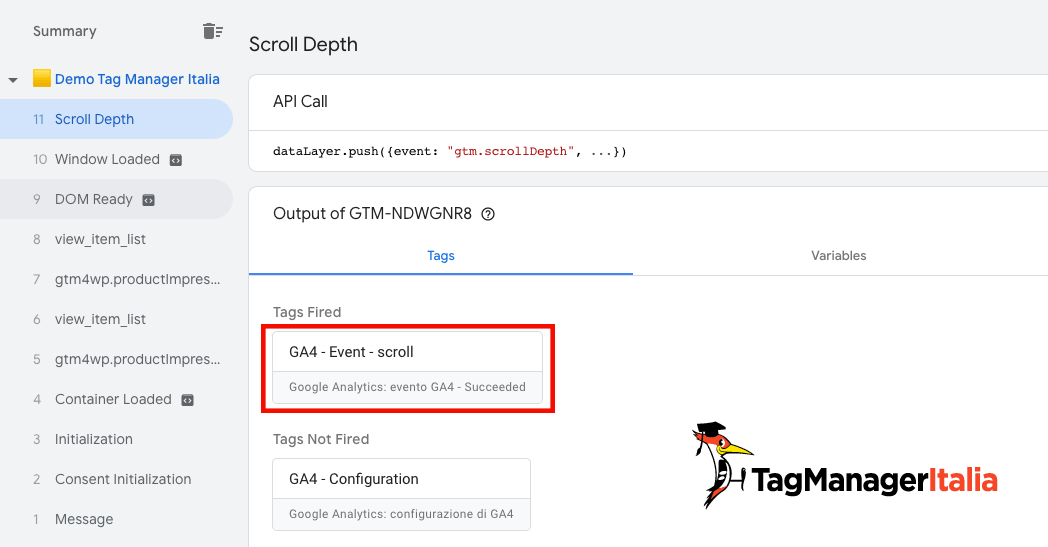 GA4 scroll tag fired nel Debug di GTM GA4 scroll tag fired nel Debug di GTM