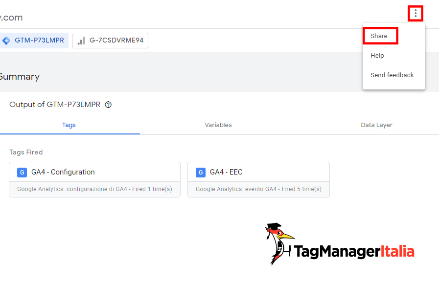 Clicca su share per condividere l'anteprima di Google Tag Manager Clicca su share per condividere l'anteprima di Google Tag Manager