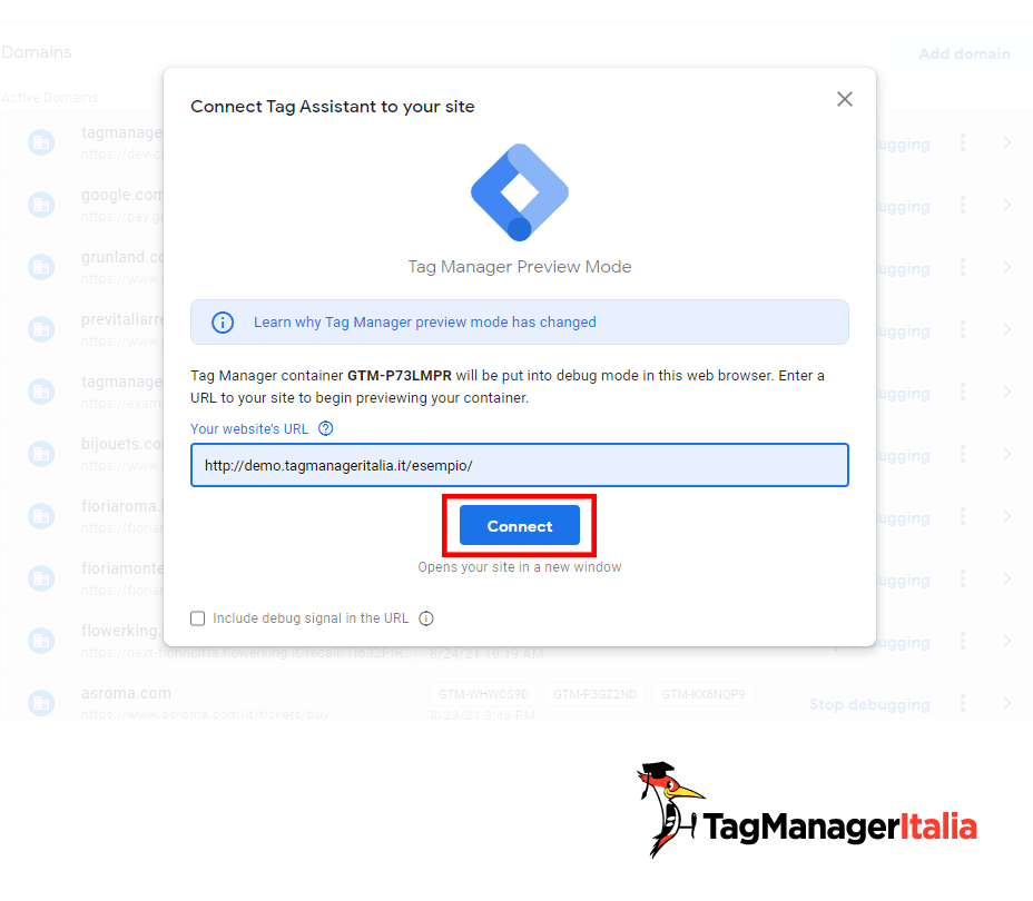 Inserisci URL del tuo sito web per attivare la modalità debug di GTM Inserisci URL del tuo sito web per attivare la modalità debug di GTM
