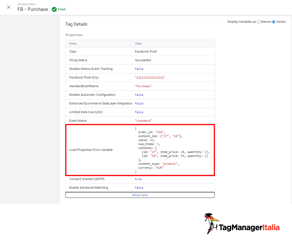Parametri Tag evento Purchase Facebook fired GTM debug Parametri Tag evento Purchase Facebook fired GTM debug