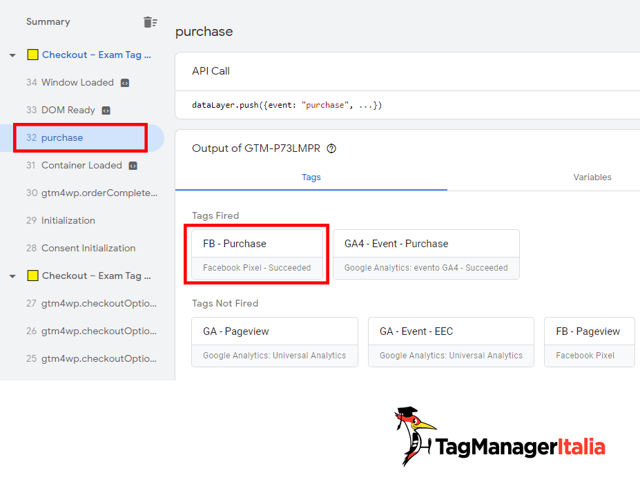 Tag evento Purchase Facebook fired GTM debug Tag evento Purchase Facebook fired GTM debug
