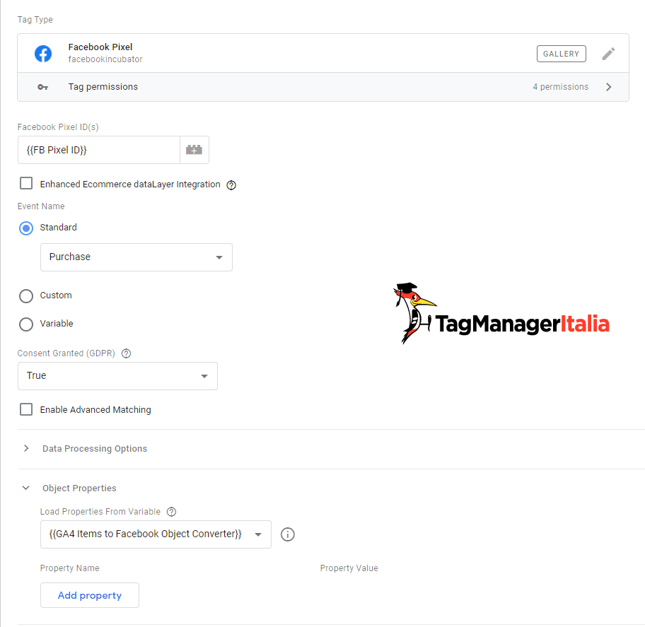 Tag evento Purchase utilizzando la variabile GA4 Items to Facebook Object Converter Tag evento Purchase utilizzando la variabile GA4 Items to Facebook Object Converter