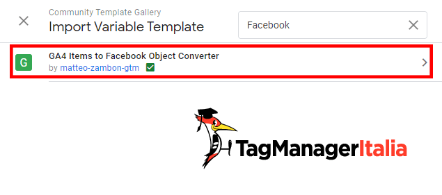 Variabile GA4 Items to Facebook Object Converter dalla Gallery dei Template GTM Variabile GA4 Items to Facebook Object Converter dalla Gallery dei Template GTM