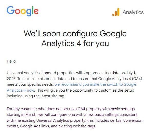 Comunicazione Google configurazione automatica proprietà GA4