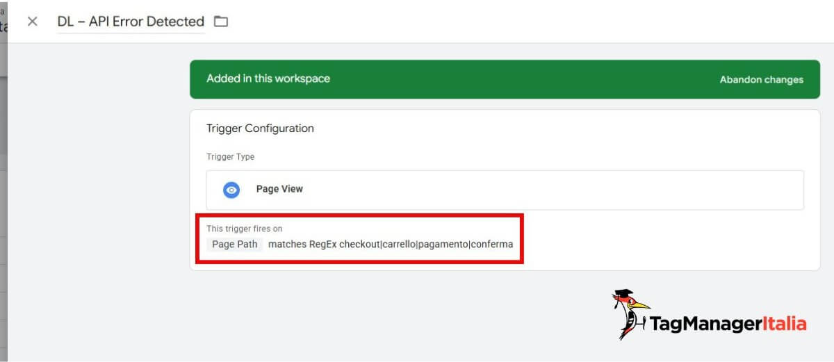 Configurazione trigger - attivatore script push datalayer evento tracking errori api Google Tag Manager
